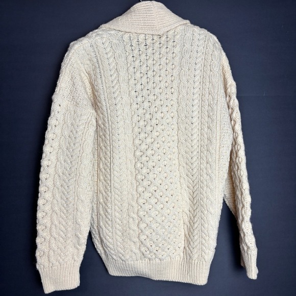 Carraig Donn Aran Knit Wool Shawl Collar Cardigan Cream Made in Ireland Mens M - Picture 3 of 12